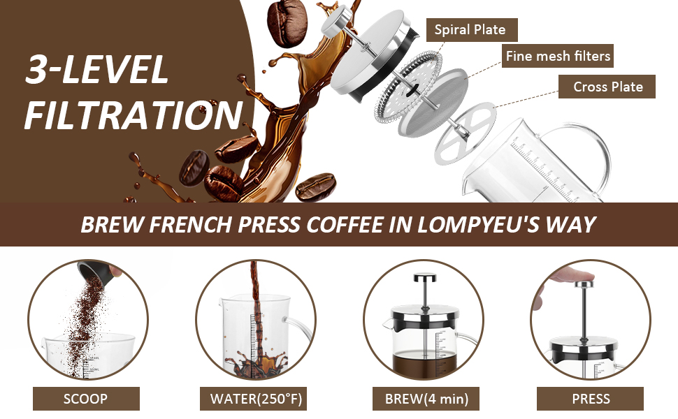 Френч-прес 600мл з нержавіючою сталлю, кавова преса, для приготування кави та чаю, стійке до нагрівання скло, підходить для миття в посудомийній машині