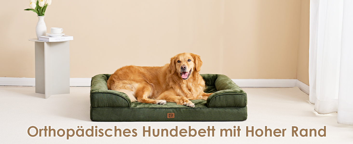 Ортопедичне ліжко для собак EHEYCIGA, 89x56 см, Memory Foam, для собак середніх та маленьких порід, вологостійке, з високим бортиком, темно-зелене