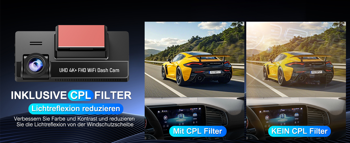 Відеореєстратор у машину 4K Dual Dashcam з CPL фільтром, 360°, WiFi, IPS, Нічне бачення, G-сенсор, Паркувальний режим, 64GB SD карта