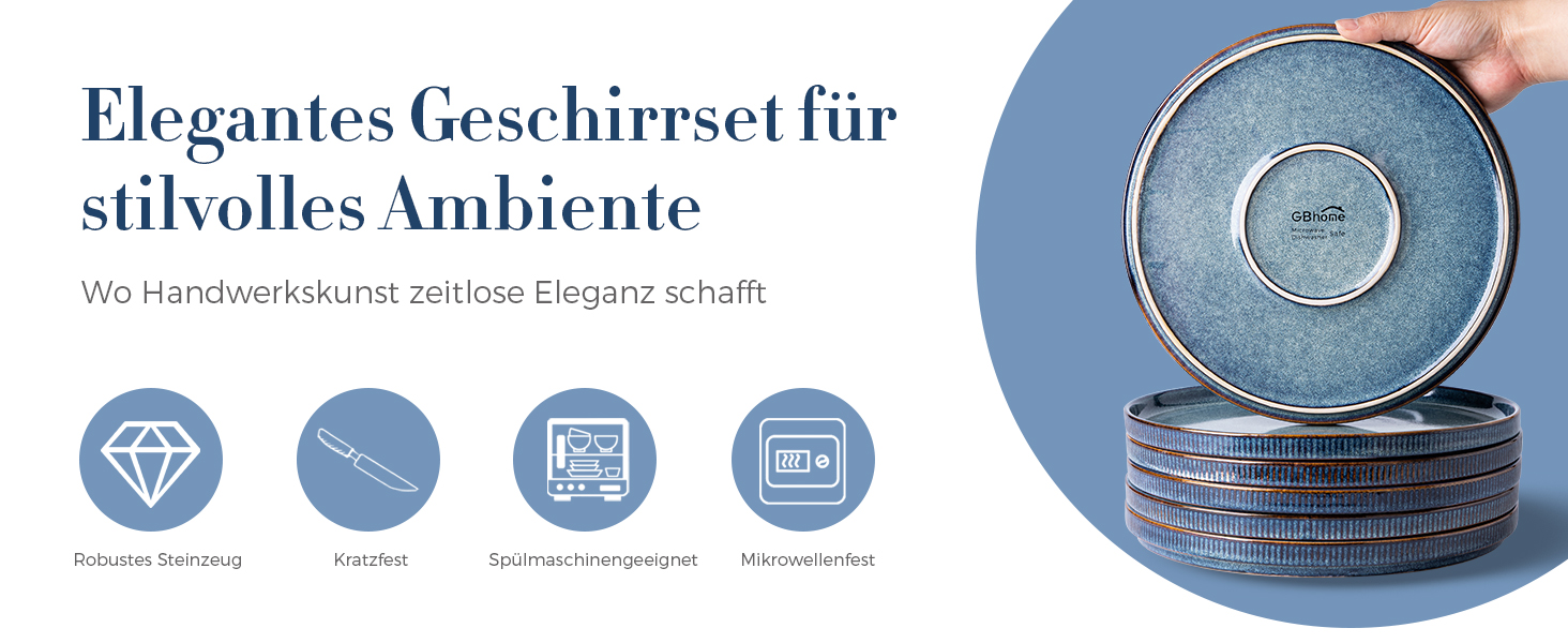 Набір посуду GBhome з каменю, 24 елементи, ручна робота, для 6 осіб, стійкий до миття в посудомийній машині та мікрохвильовій печі, керамічний посуд, блакитний колір