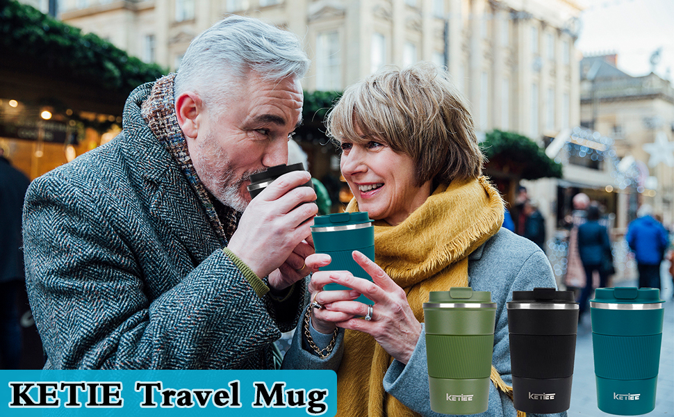 Термокружка KETIEE 380мл з нержавіючої сталі, 13oz, з кришкою, для кави з собою, чорна