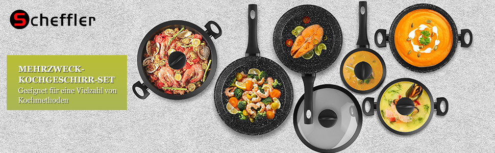 Набір каструль та сковорідок Scheffler 15tlg з антипригарним покриттям для індукційних плит, чорний (HL-21PS102)