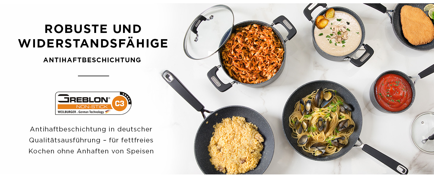 Набір каструль та сковорідок KASANOVA New Petra Dark для індукції та духовки, антипригарне покриття, захист ручок, нержавіюча ложка (6 шт)