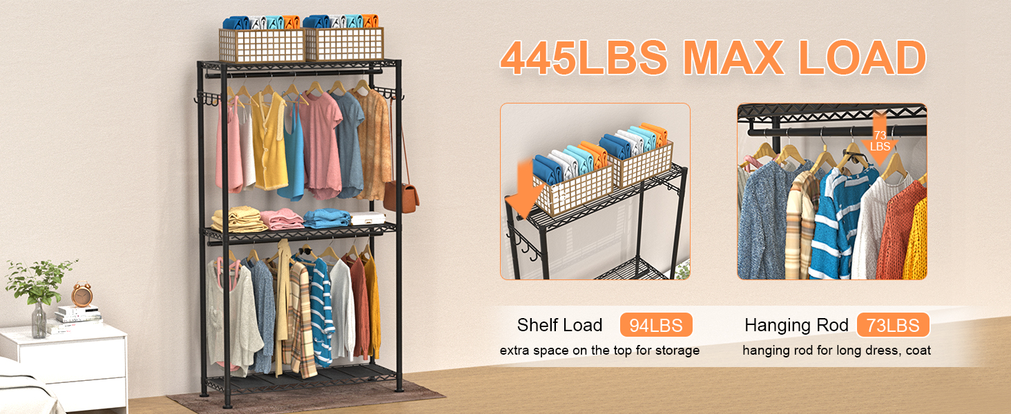 Clothes Rack, Clothes Rack, 4-Tier, Adjustable Closet Organizer System with Drawer | Double Rods | Side Hooks | Holds 445 lbs (Clothes Rack with 4 Drawers)