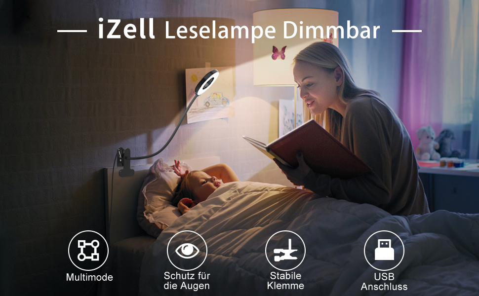 iZELL LED лампа для читання з гнуким світильником - 3 режими, 10 рівнів яскравості, USB-зарядка, 40 см