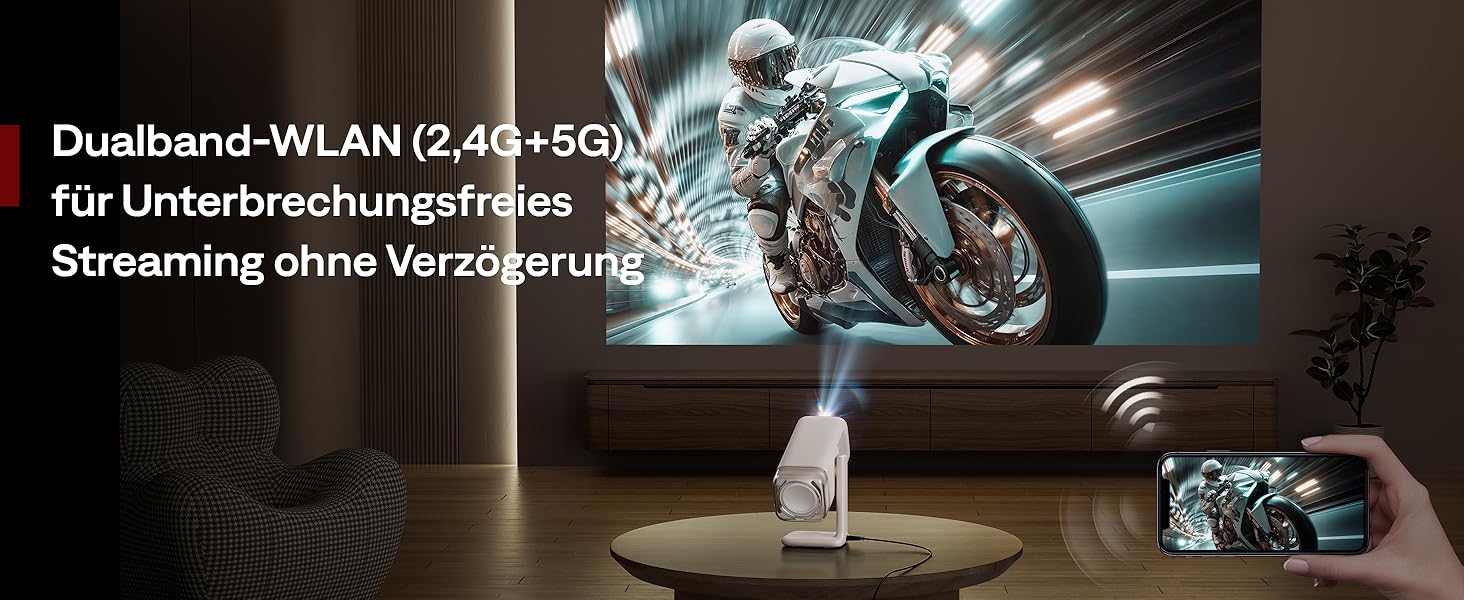 Smart проєктор Aurzen Boom Air Mini Beamer з Google TV та Netflix, 4K, USB-C, Dolby Audio, WiFi, Bluetooth, TOF автофокус, обертовий стійкий, кремовий