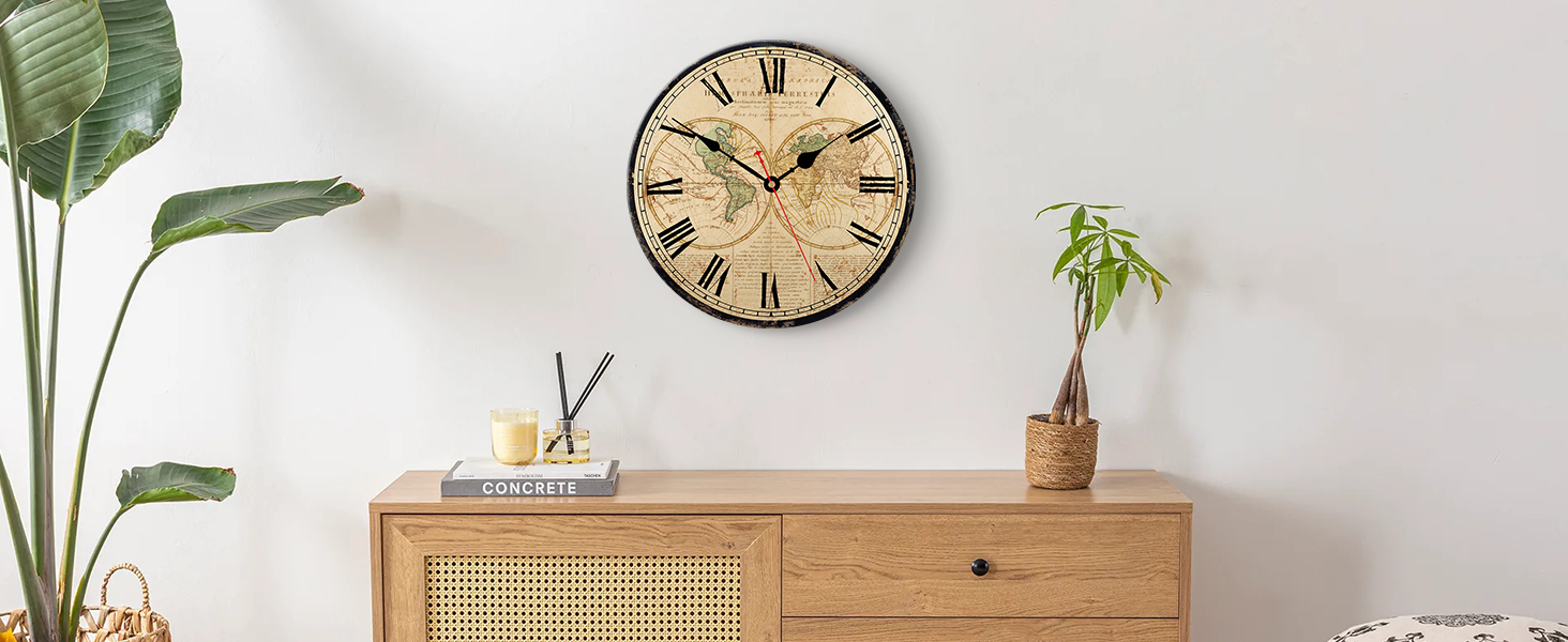 TAHEAT World Map Wall Clock, Large Classic Wooden Clock, Silent Non-Ticking Easy to Read for Home/Office/School, 34 cm