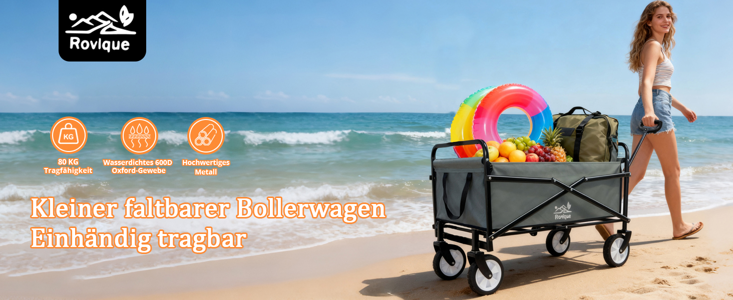 Складний візок-тележка Bollerwagen 80 кг, сірий: для саду, кемпінгу, фестивалів, пляжу. З тримачем для напоїв.