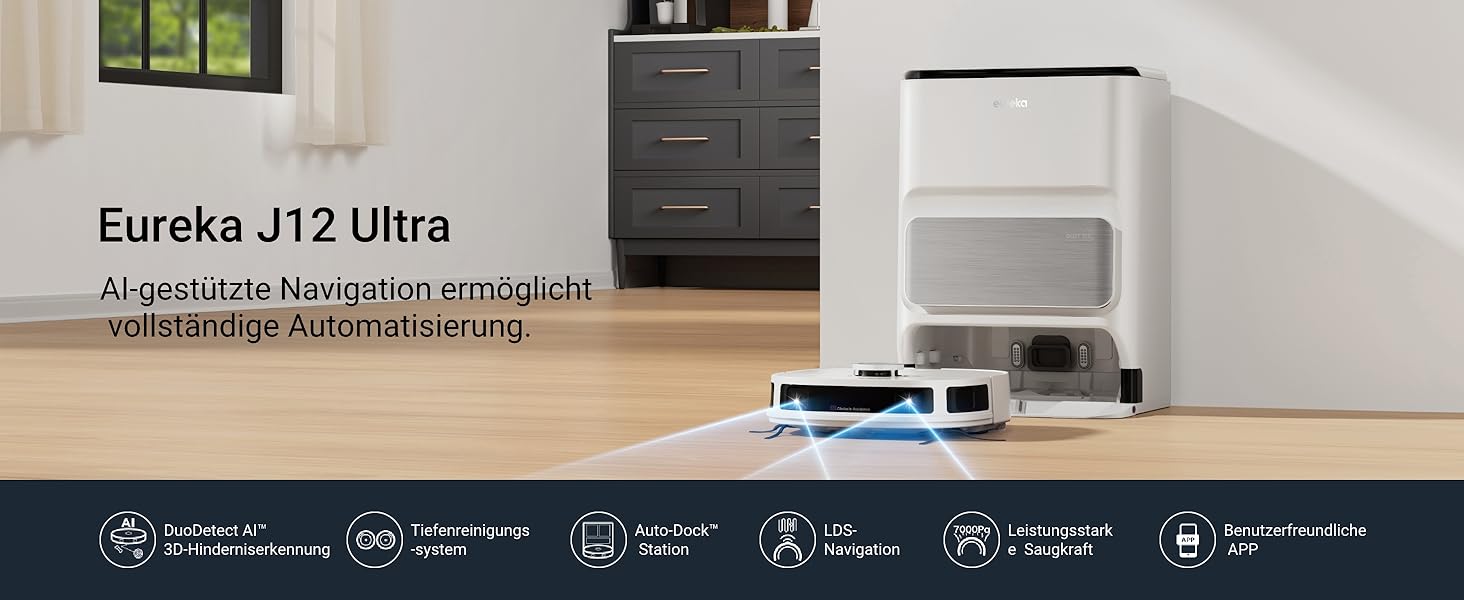 Робот-пилосос Eureka J12 Ultra з функцією миття, самостійне порожнення, прання та сушка, потужність 5000Pa, обертова функція миття, Dual-LiDAR навігація, 3D уникнення перешкод