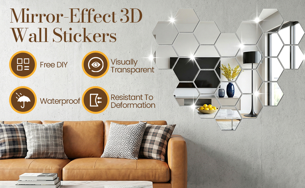 24 шт. Дзеркальні наліпки-плитки, шестикутні, самоклеючі. Дзеркало для стін, акрилове, з клеєм. Фольга-дзеркало, акрил, шестикутник для декору стін вітальні, спальні, ванної кімнати