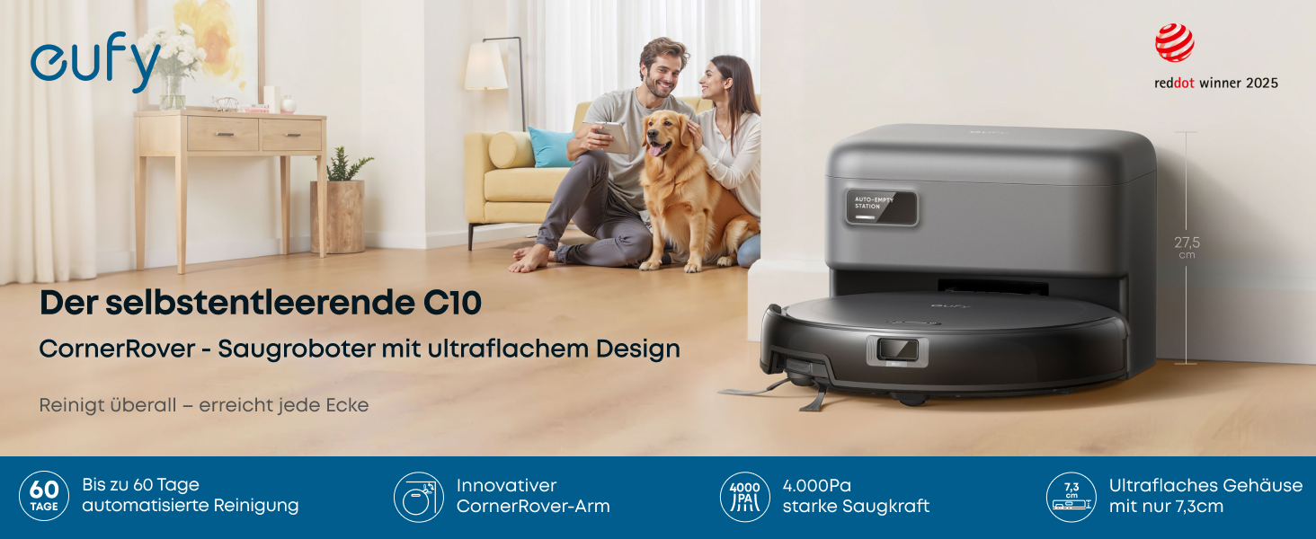 Робот-пилосос eufy C10 з автоматичною станцією самоочищення, ультратонкий 7,3 см, очищення килимів, бічна щітка для кутів, точкова лазерна та інфрачервона навігація