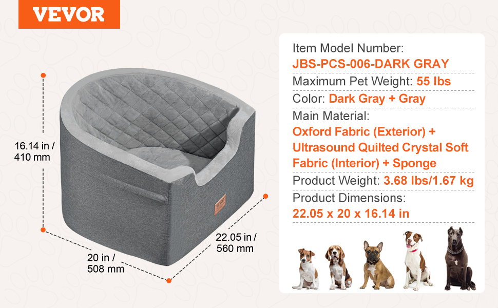 Автокрісло для собак VEVOR, 560x508x410 мм, з кишенею, поводок, м'яка підкладка, для собак до 25 кг, сірого кольору