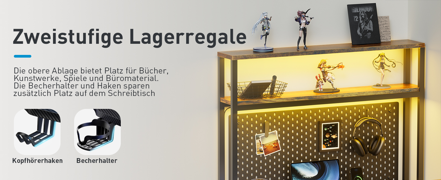 Ігровий стіл кутовий 150x100 см з 3 розетками та 2 USB, зворотний, з LED підсвіткою, з ящиками та підставкою для монітора. Колір: коричневий.