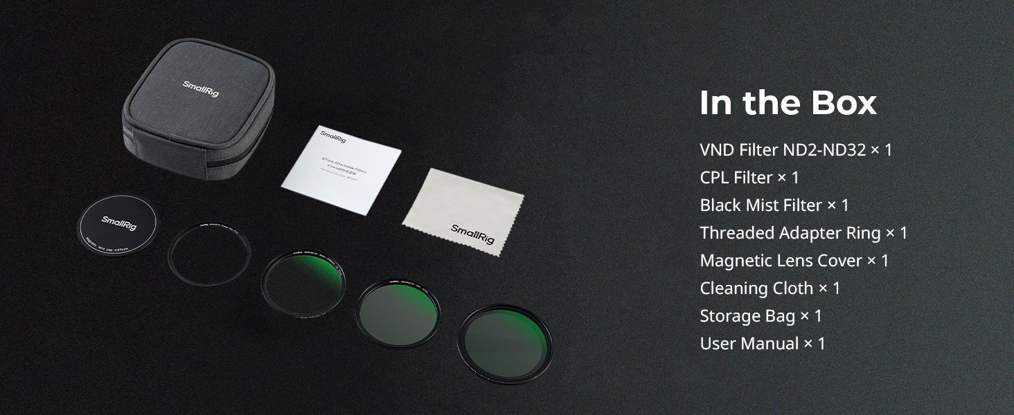 SMALLRIG Набір фільтрів для об'єктива 67мм (VND+CPL+Black Mist) + адаптер + кришка + сумка + серветка для телефону/камери