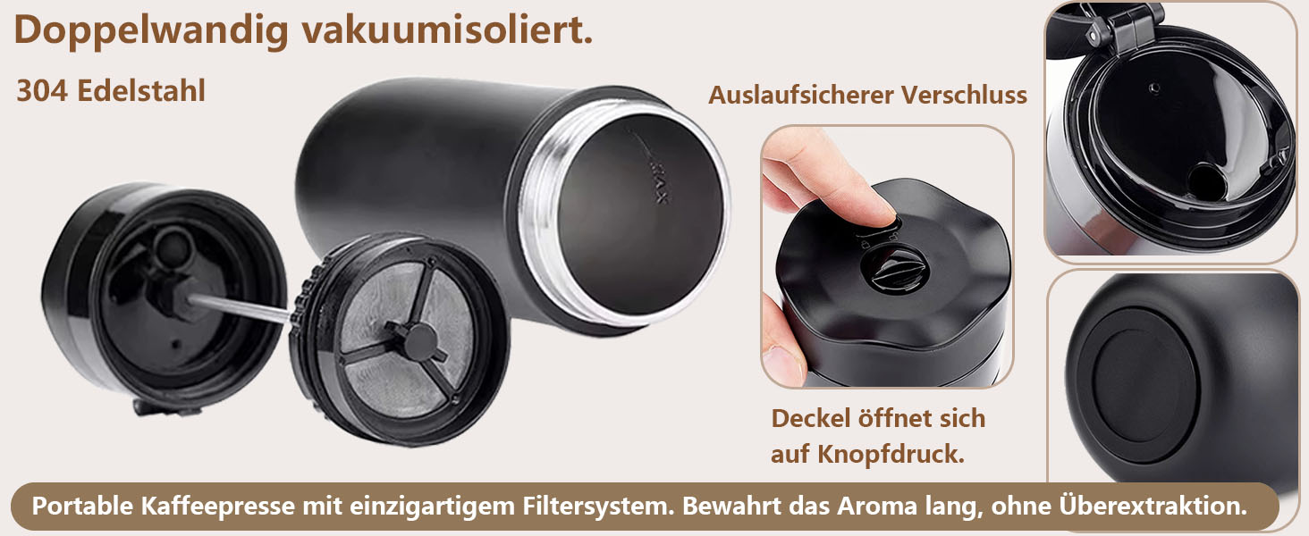 Френч-прес для кави та чаю, нержавіюча сталь, термокружка з фільтром, чорний