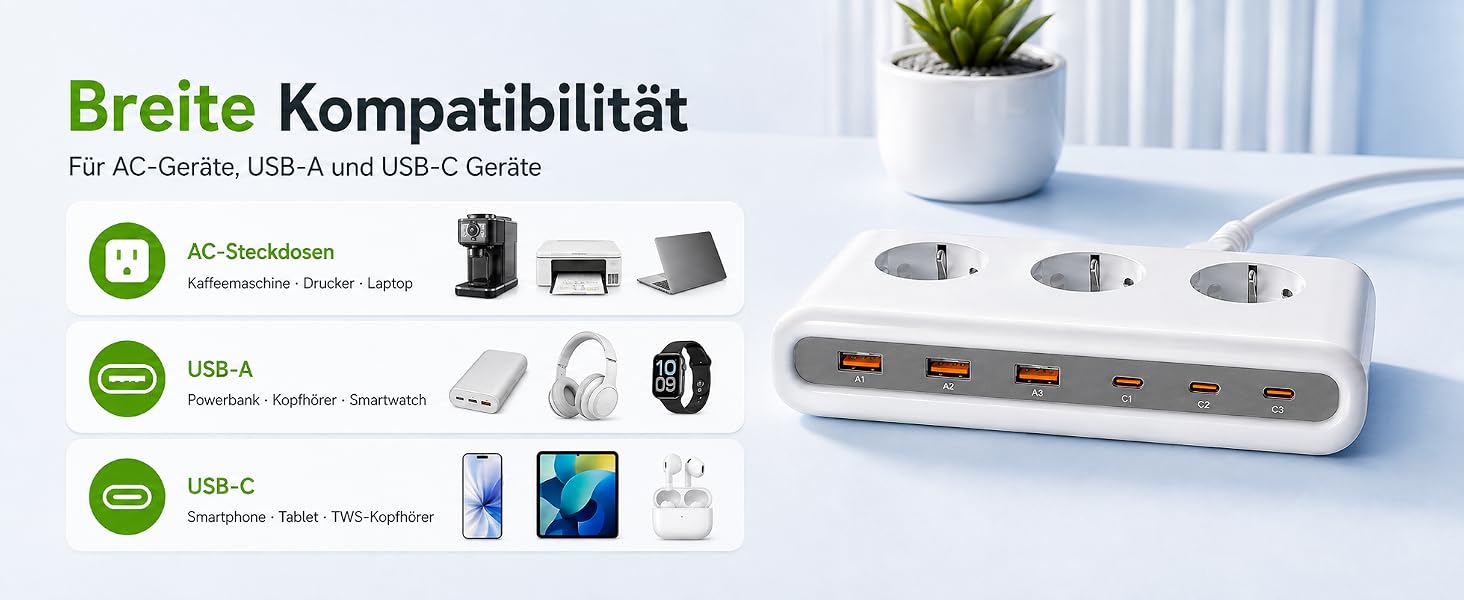 Мережевий фільтр 9-в-1: подовжувач на 3 розетки та USB зарядна станція, білий