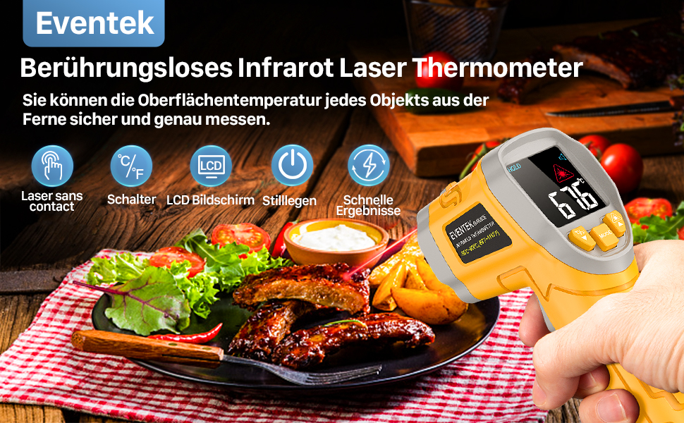 Інфрачервоний термометр Eventek -50°C ~ 600°C з лазером, регулюванням випромінювання та LCD-дисплеєм для гриля, піци, кухні та промисловості (жовтий)
