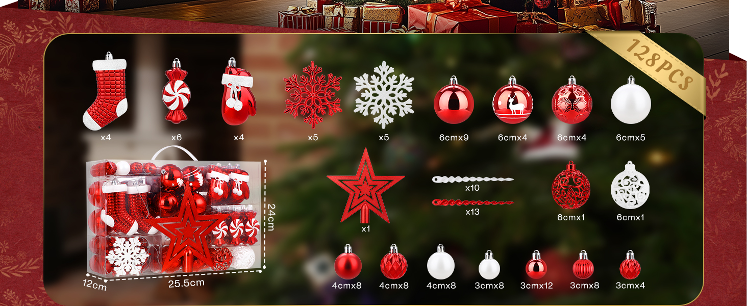 Набір ялинкових прикрас SOLEDI® 128 шт. Преміум якість, червоно-білі пластикові кулі з зіркою та верхівкою - міцний та безпечний набір з петельками. Ялинкові кулі різних кольорів, багаторазовий декор для Різдва.