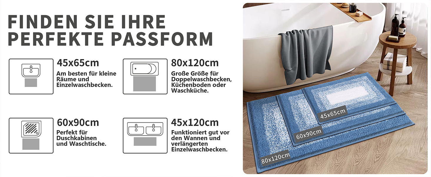 Super Soft Microfiber Bath Mat - Absorbent Non-Slip Bathroom Rug - Washable Shower Mat - 60x90cm Blue