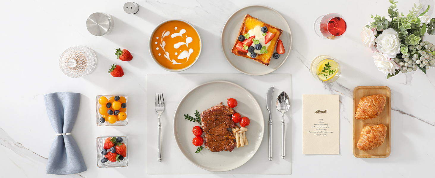 MALACASA Набір посуду з каменю 18 предметів для 6 осіб, керамічний сервіз з глазур'ю Сезам, набір тарілок та мисок, білий з коричневою основою, білий