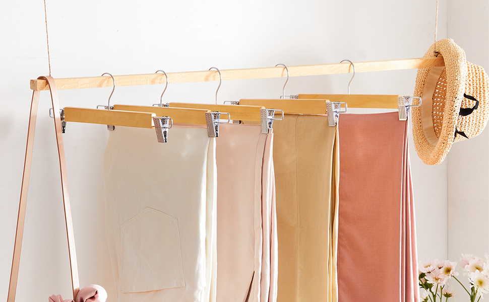 Набір вішалок для штанів SONGMICS 16 шт. з дерева, з регульованими кліпсами, протиковзні, для штанів, шортів та спідниць, натуральний колір