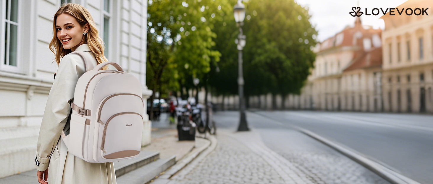 LOVEVOOK Рюкзак для жінок, 15.6 дюймів, водонепроникний, для школи, підлітка, елегантний, для роботи, навчання, подорожей, універсальний, чорно-бежево-коричневий