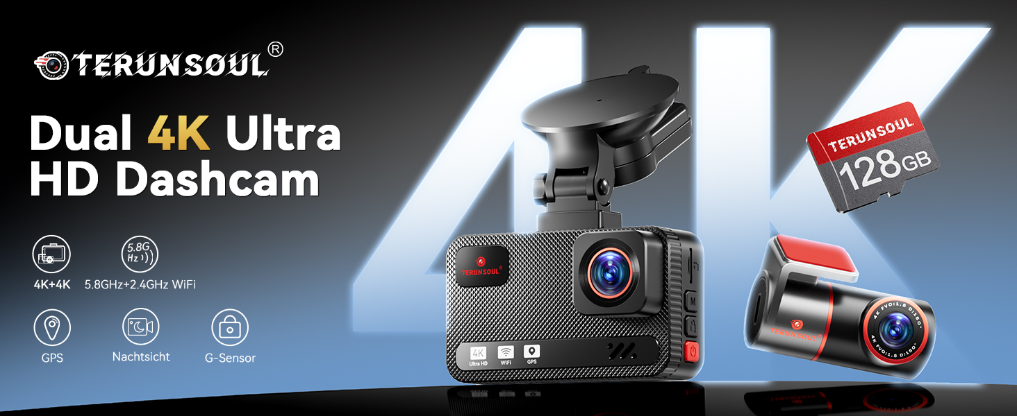 Автомобільний відеореєстратор 4K+4K з передньою та задньою камерою, 128GB карта пам'яті, 5.8GHz WiFi, 3