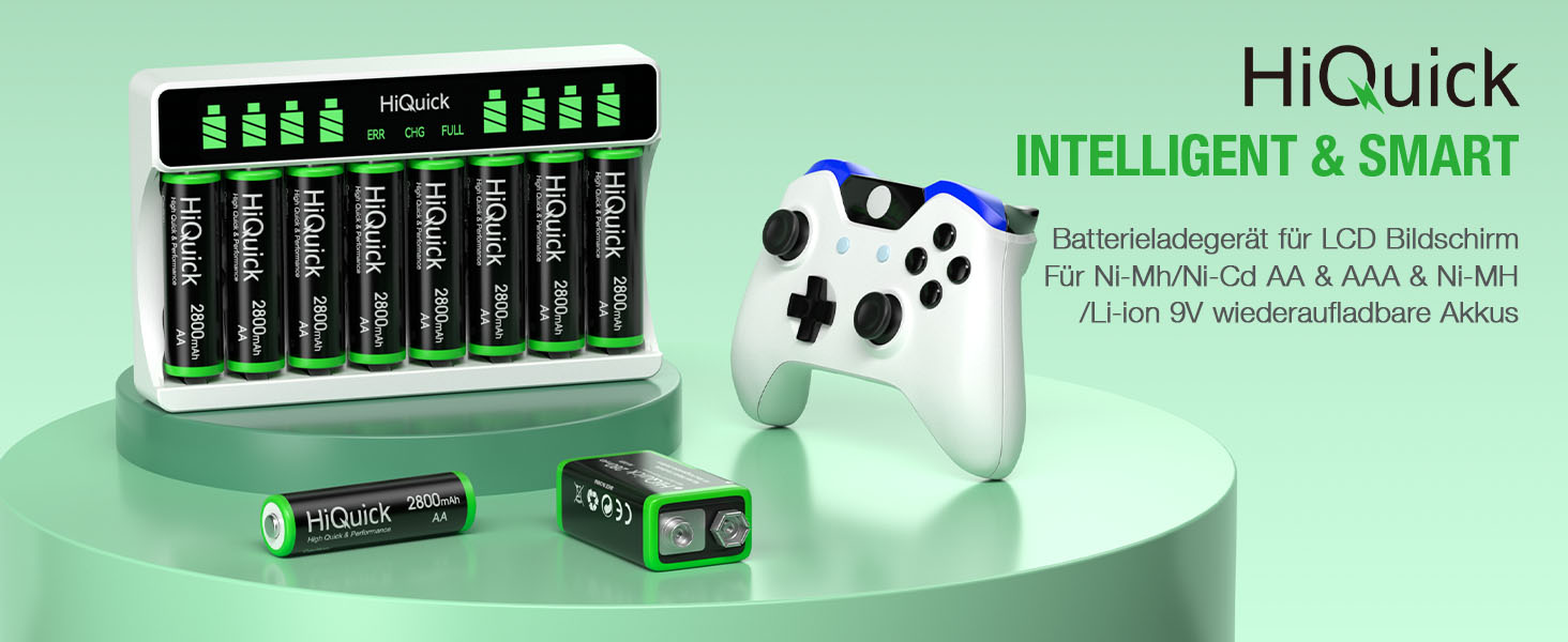 Зарядний пристрій HiQuick для акумуляторів AA з 8 шт. акумуляторів, зарядка для Mignon AA, Micro AA NI-MH/NI-CD, 8 слотів, LCD дисплей + 8 AA акумуляторів