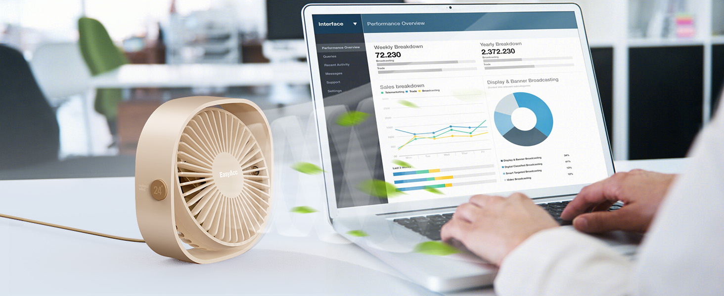 EasyAcc USB вентилятор: компактний настільний вентилятор з 3 швидкостями, 360° обертання, 2 роки гарантії, для офісу, дому, Beige