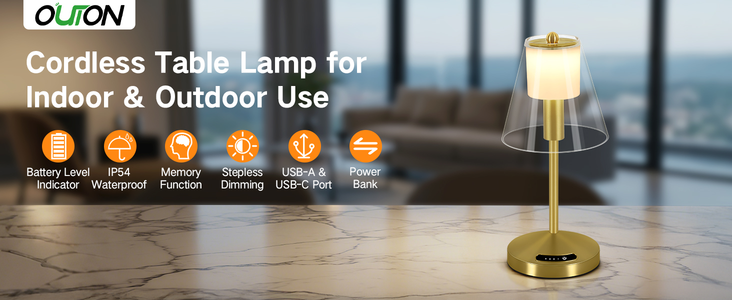 OUTON Бездротова настільна лампа Gold – LED лампа з торканням, регулювання яскравості, 3 режими кольору (3000K–6000K), акумулятор 4000mAh, USB-C, до 120 годин роботи, пам'ять, для спальні, бару та декору, золота