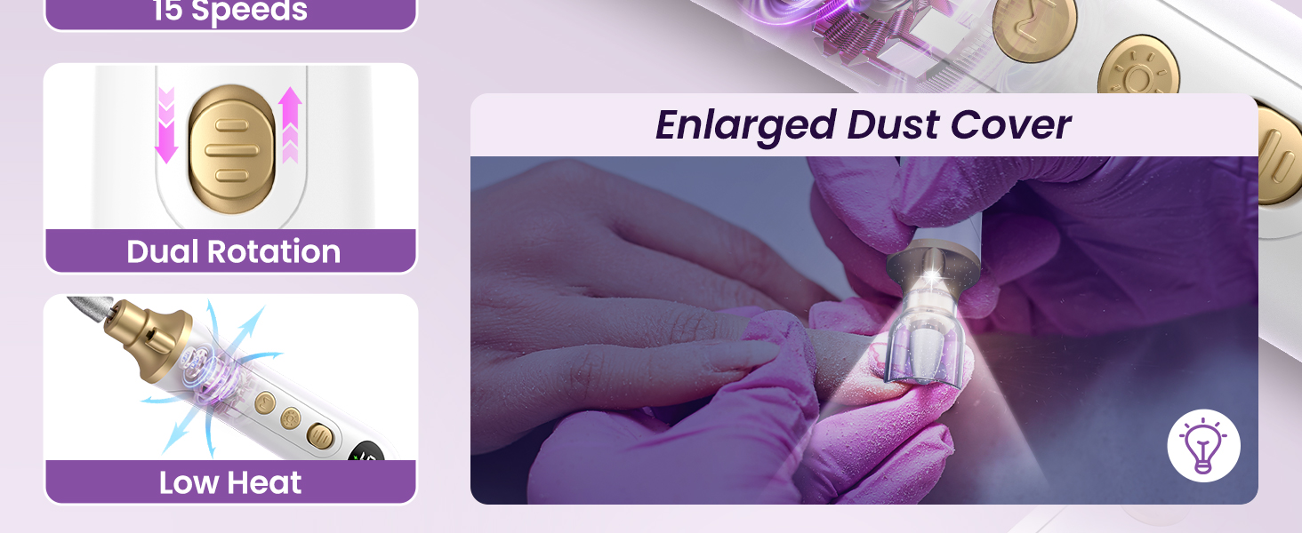 Електричний набір для манікюру та педикюру з 9 насадками та 15 рівнями швидкості, LED-підсвічуванням (W-Gold)