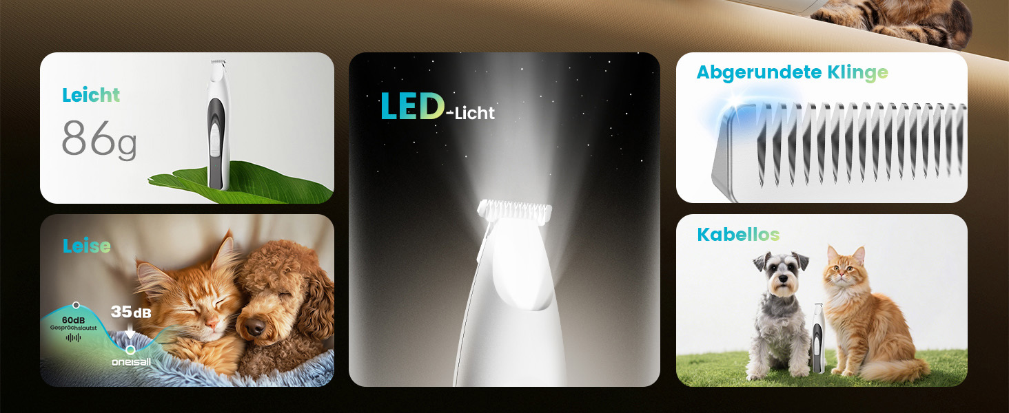Триммер для догляду за лапами собак Oneisall з LED-підсвічуванням, тихий, акумуляторний, для лап, очей, вух, обличчя