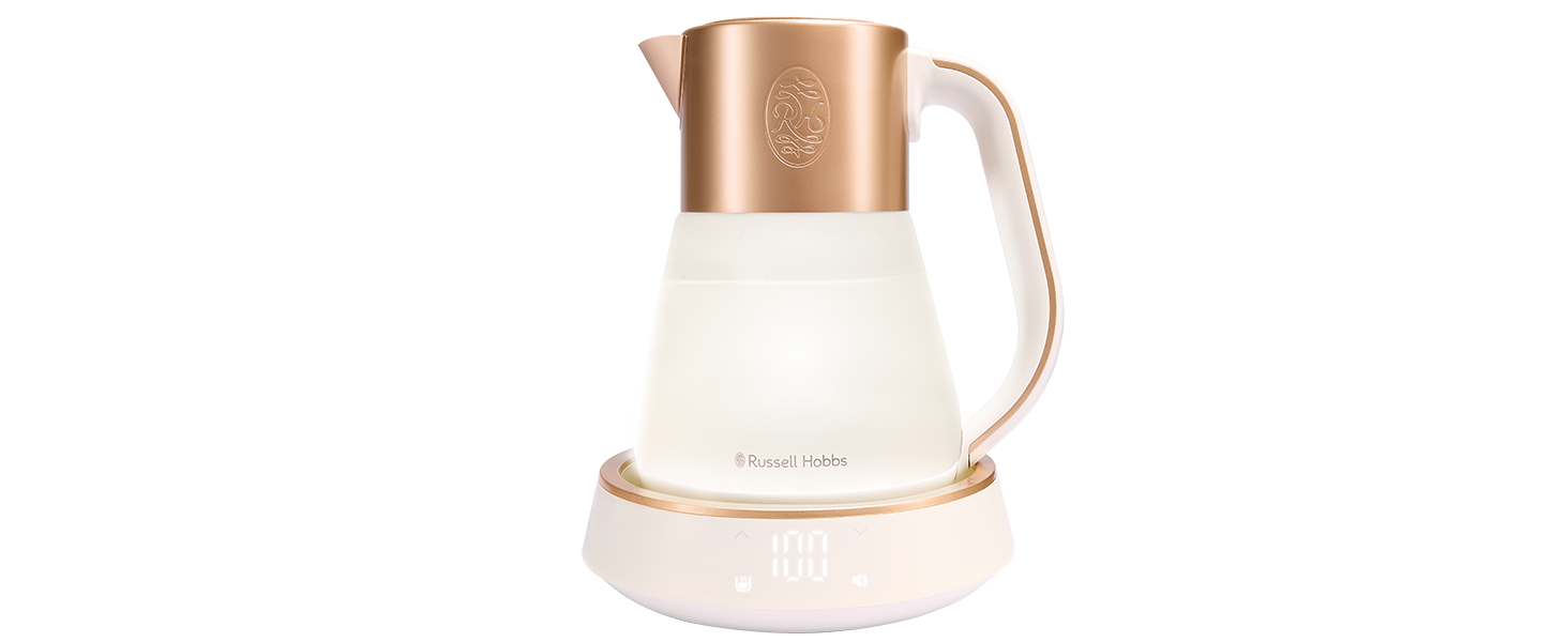 Електричний чайник Russell Hobbs зі скла 1,7 л з регулюванням температури 40-100°C, LED-підсвіткою, тихою технологією кип'ятіння, функцією підтримки тепла, цифровим дисплеєм, сенсорним управлінням, 2400 Вт, модель Calm 27450-70