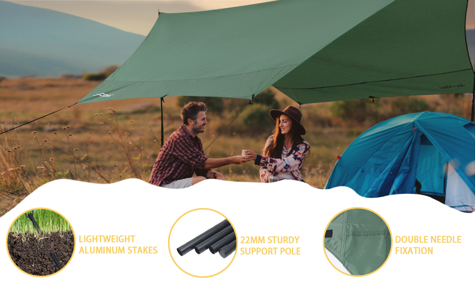 Водонепроникна тента Tarp 3.7 x 4.3 м з підтримкою, ультралегка, з отворами, штирями, нейлоновою мотузкою, захист від УФ та дощу, для наметів, гамаків, подвір'я, сонцезахисту на пляжі (зелена)