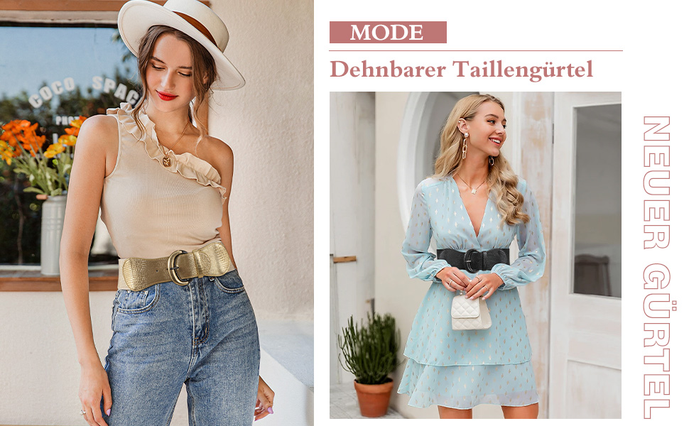 Жіночий широкий еластичний ремінь JasGood 2 шт. для суконь та джинсів. Колір: чорний/коричневий. Розмір M (76-90 см)