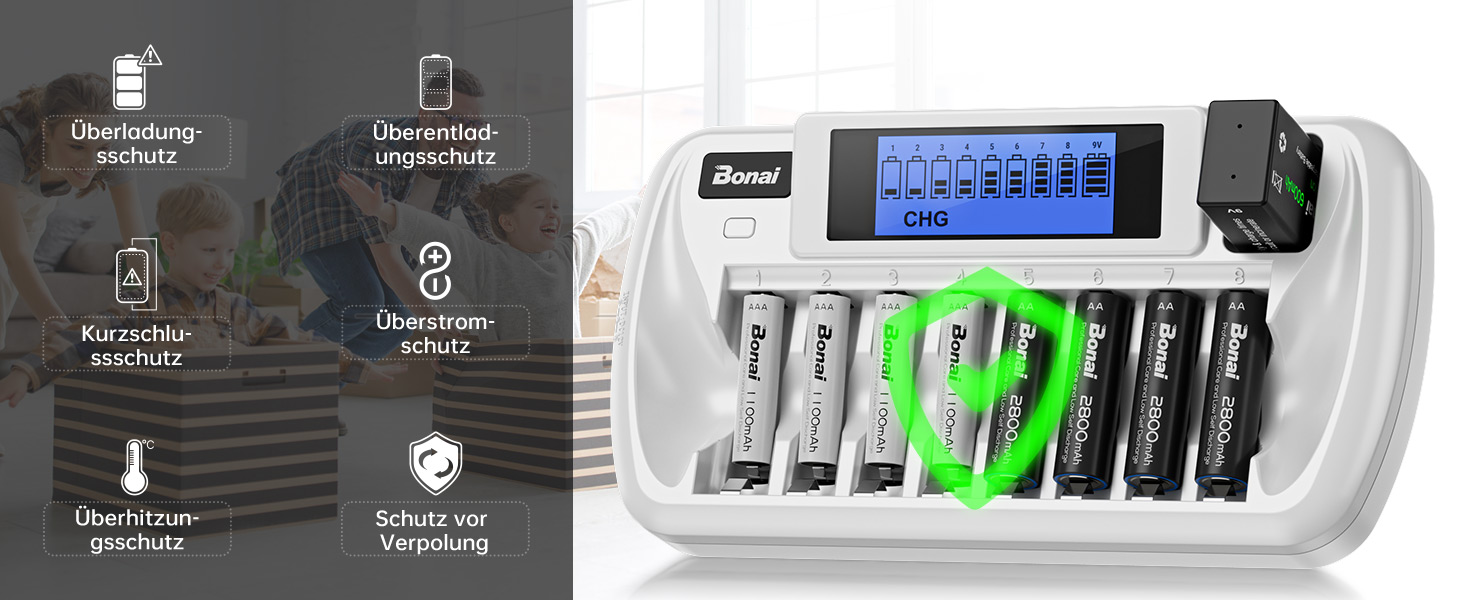 Зарядний пристрій BONAI для акумуляторів 9 слотів LCD, універсальний, інтелектуальний зарядний акумулятор з функцією розряду для AA/AAA/9V NI-MH акумуляторів