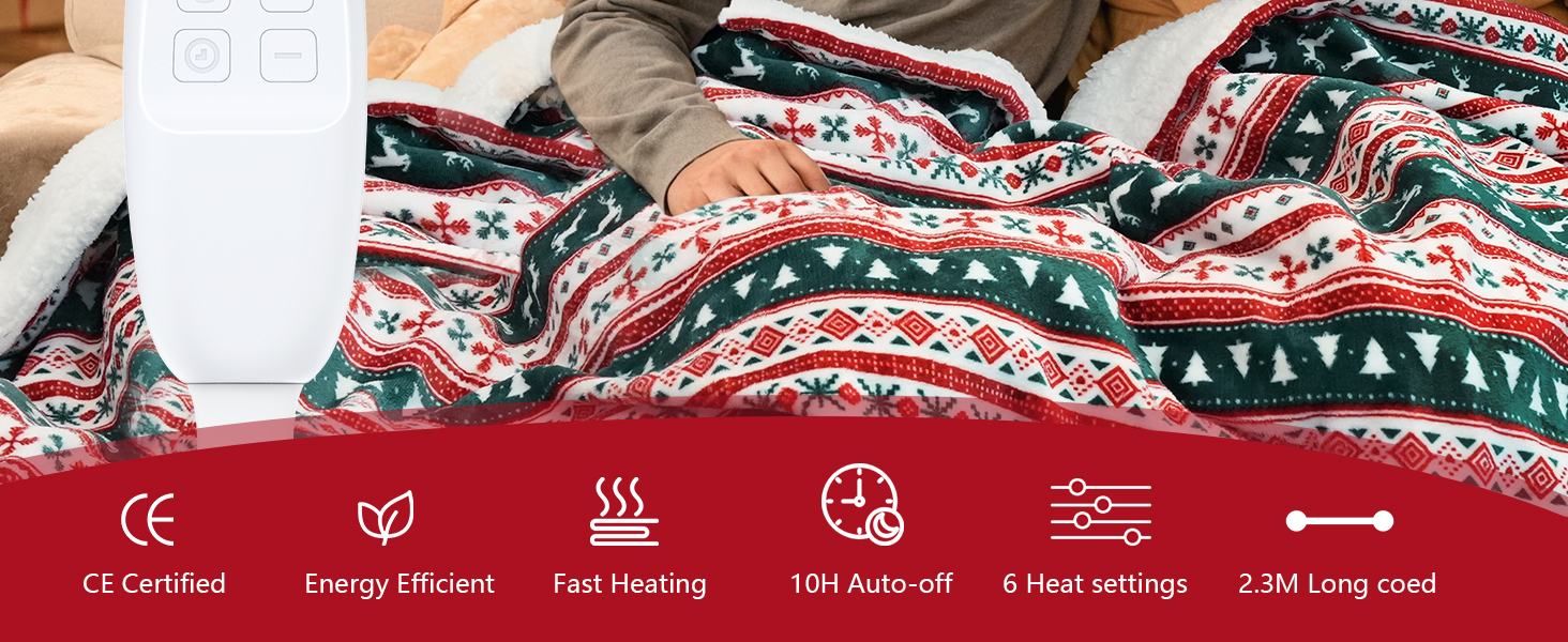 Електрична гріюча ковдра PRANITE 200x180 см з Sherpa-фланелі, 6 режимів нагріву, таймер, захист від перегріву, червона