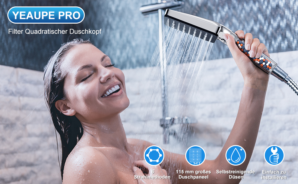Фільтр для душу YEAUPE PRO з 6 режимами, економія води, високий тиск, ручна лійка (115*100 мм), видаляє жорстку воду, антинакип, хром.
