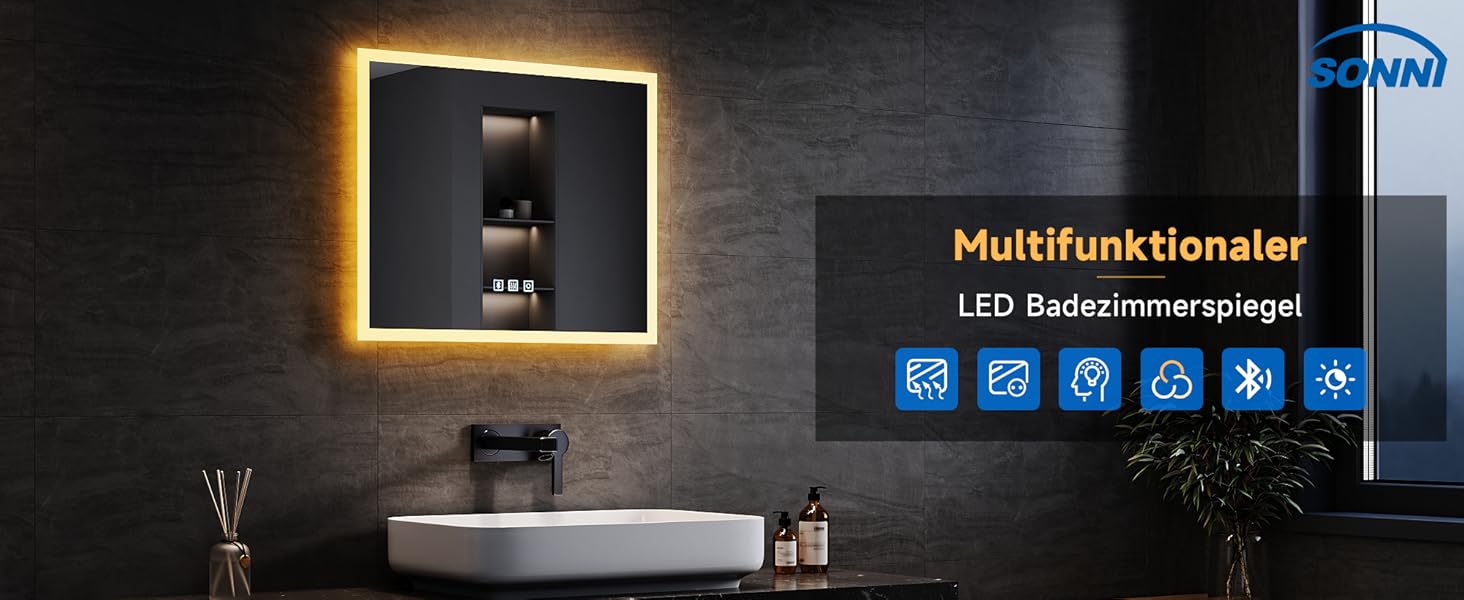 Дзеркало для ванної кімнати SONNI з LED-підсвічуванням, 100 x 60 см, антизапарник, IP44, сенсорне керування, 3 кольори світла, білий