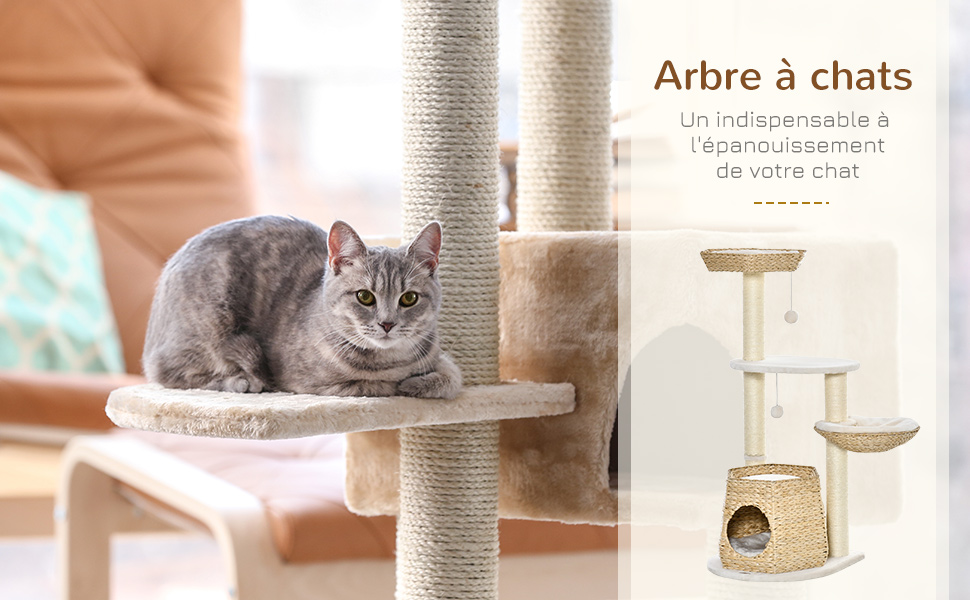 Драбина для котів PawHut з сизалю, 2 будиночки, подушки, 2 іграшки-кулі, короткий дизайн, кремовий колір