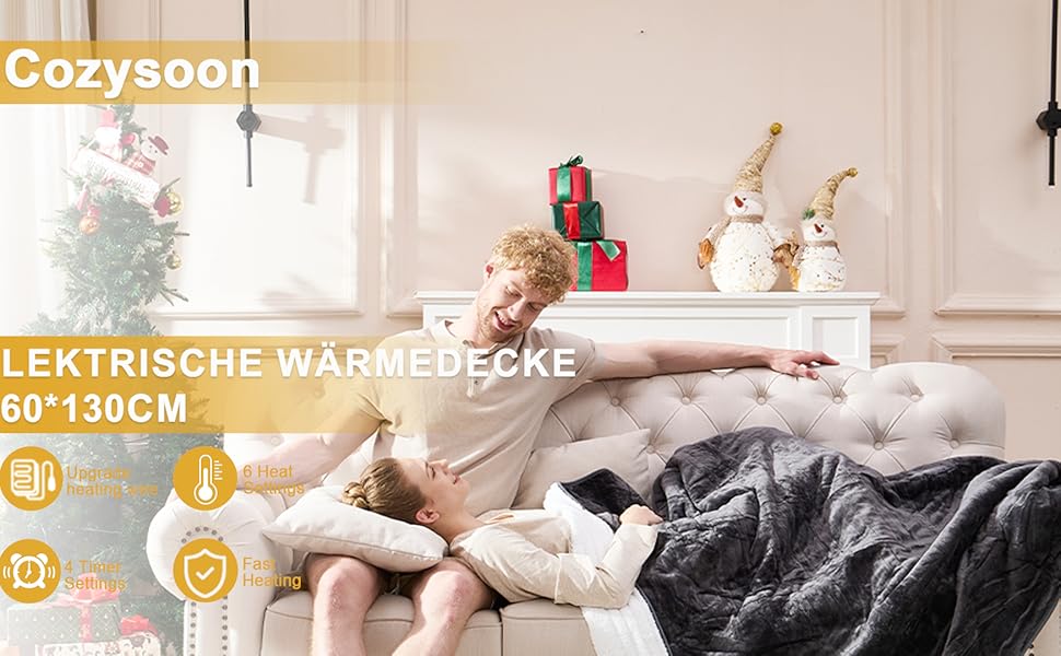 Електрична ковдра Cozysoon з 4 рівнями нагріву та таймером, 180*130 см, з автовимкненням, можна прати в машині