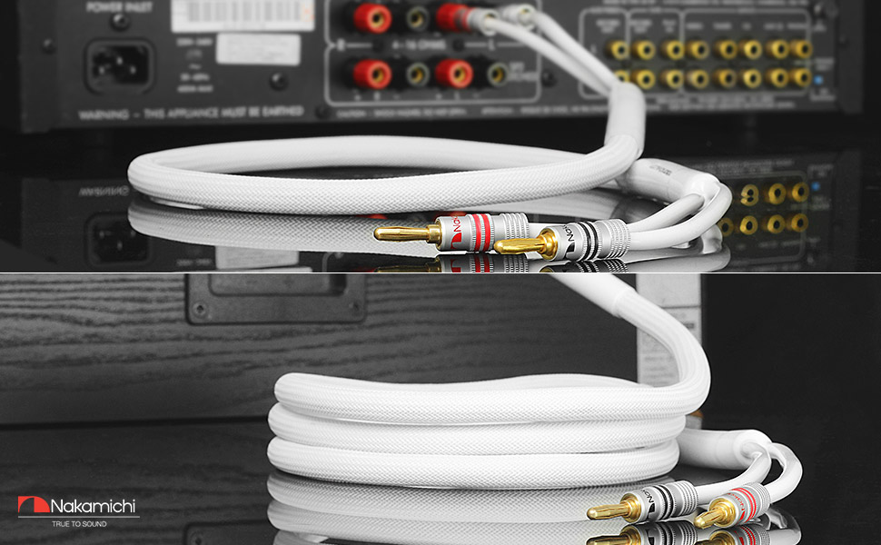 Акустичний кабель Nakamichi 12AWG з позолоченими банановими роз'ємами 24K, 3 метра, безкисневий мідний провід (OFC) в обплетенні, чорний — для домашнього кінотеатру та підсилювача