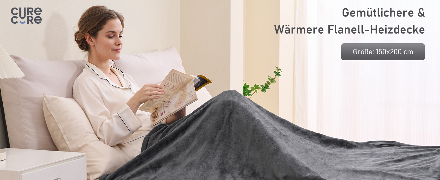 Електрична ковдра CURECURE з підігрівом, 150 x 200 см, 4 режими, таймер, захист від перегріву, для ліжка/дивану, сірий колір