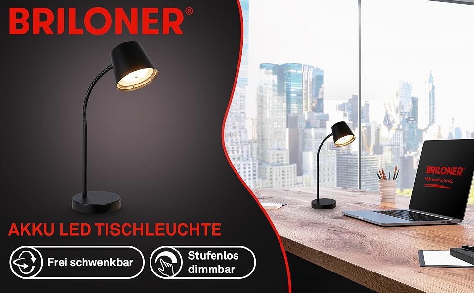 LED лампа BRILONER настільна бездротова з торшером, поворотна, з акумулятором, замінна світлодіодна лампа, нічна лампа, лампа для читання, офісна лампа, чорна, 38,5 см