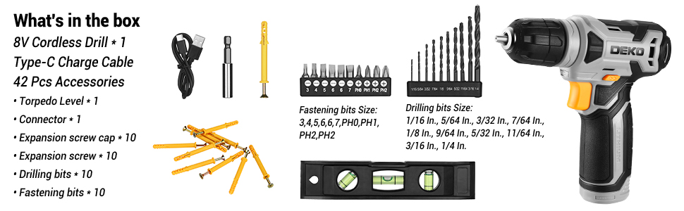 Акумуляторний шуруповерт-дрель DEKOPRO 8V 42шт з аксесуарами: ударний, LED-підсвітка, 12Nm, регулювання швидкості, для ремонту будинку (сірий)