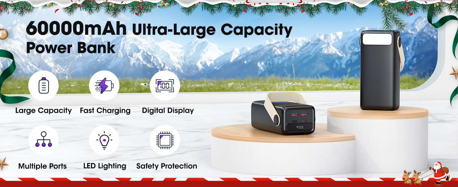 Портативний зарядний пристрій Power Bank 60000mAh з LED-ліхтариком, 22.5W, PD20W, для iPhone/Android, чорний