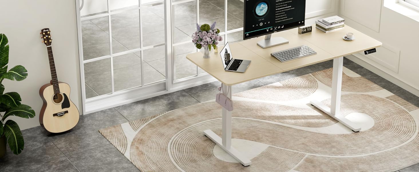 Ergonomaker Electric Height Adjustable Desk - Small Standing Desk with 2-Section Tabletop - Home Office Desk (White Frame + Oak Tabletop) - 140 x 60 cm
