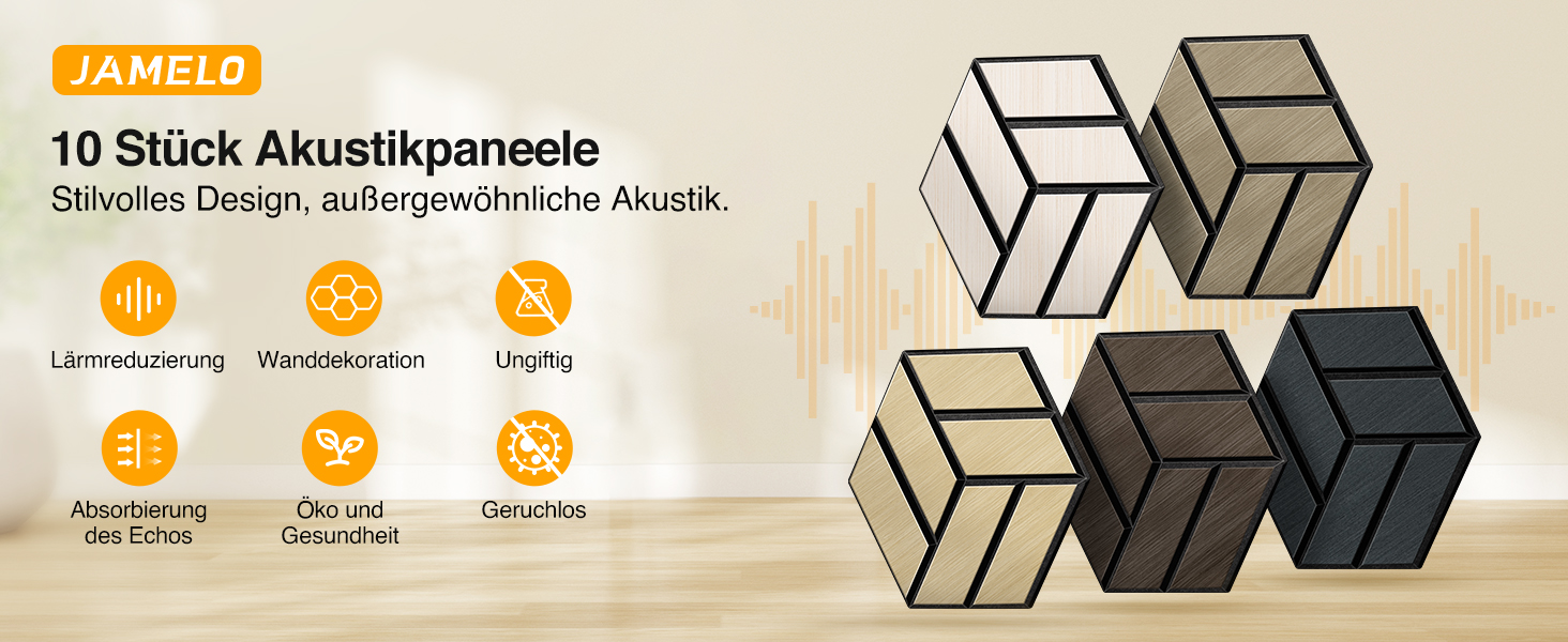 Акустичні настінні панелі JAMELO з шпоном горіха, самоклейні 3D гексагональні панелі для стін та стелі, 30x15x1.2 см, 10 шт, колір горіх