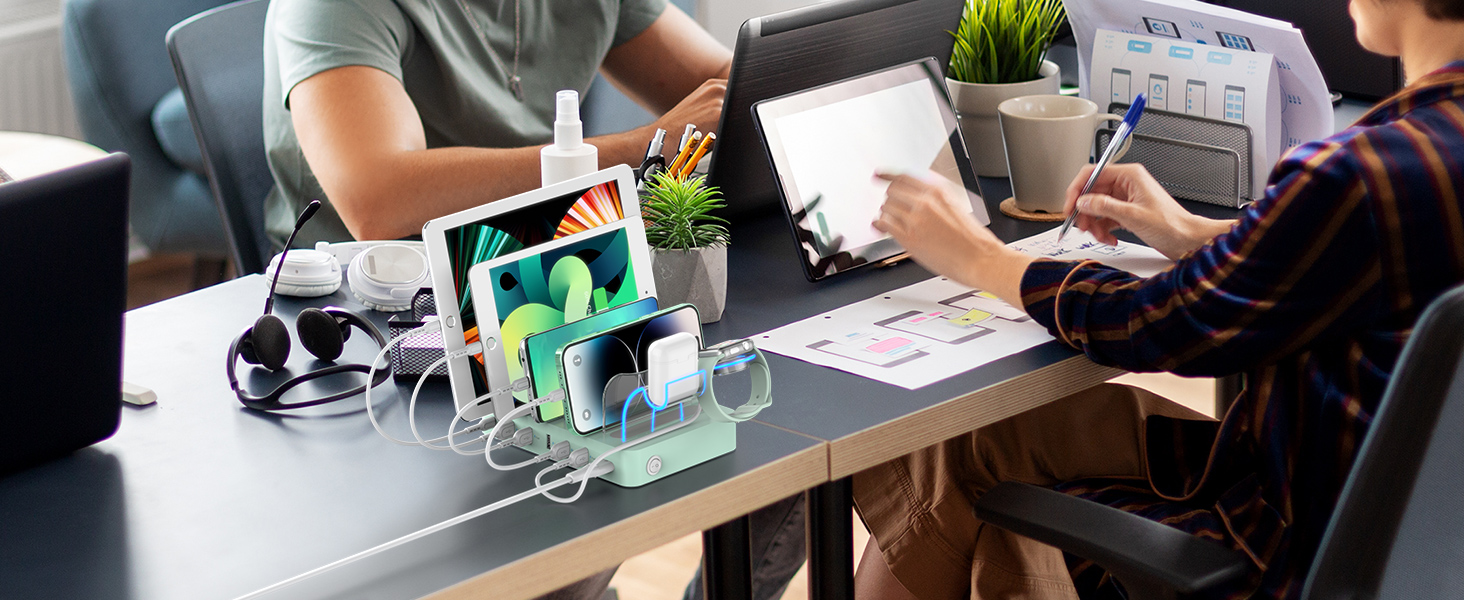 Зарядна станція SooPii USB 60W/12A, 6 портів, органайзер для декількох пристроїв з тримачем для Apple Watch, 6 кабелів для телефонів, планшетів та інших електронних пристроїв. Зелена