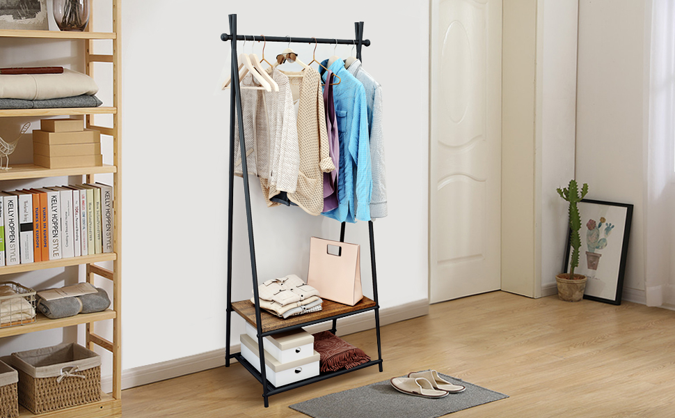 Coat rack, clothes rail, coat rack with shoe storage, metal frame, for hallway, living room and veranda, retro-industrial clothes rack, 64cm x 41cm x 162cm, retro brown-black